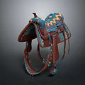 Brown Leather Saddle With Blue Yellow Geometric Patterns And Decorative Straps