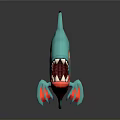 Cartoon Turquoise Fish With Red Fins Yellow Eyes And Sharp Teeth