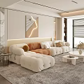 Modern Living Room With Plush White Sofa Gray Area Rug Decorative Painting And Window Blinds