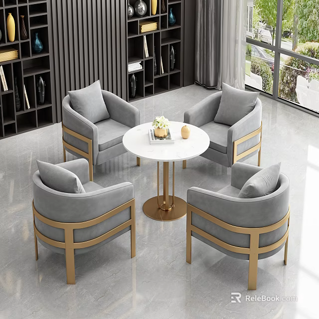 Modern Luxury Round Table And Four Grey Chairs With Gold Frames And White Top 3d model 