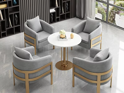 Modern Luxury Round Table And Four Grey Chairs With Gold Frames And White Top 3d model