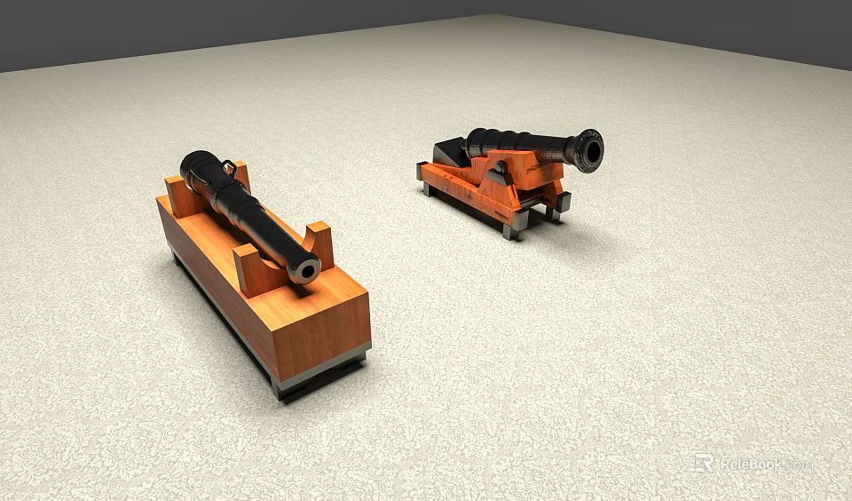 Two Black Cannons With Wooden Bases Placed On Light Colored Surface 3d model
