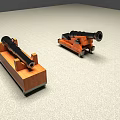 Two Black Cannons With Wooden Bases Placed On Light Colored Surface 3d model
