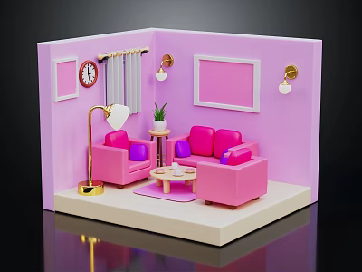 Cartoon Room Scene With Pink Sofas Purple Cushions Coffee Table Floor Lamp And Wall Clock 3d model
