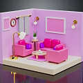 Cartoon Room Scene With Pink Sofas Purple Cushions Coffee Table Floor Lamp And Wall Clock