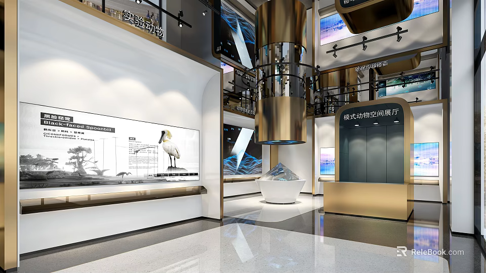 Modern Exhibition Hall Interior With Digital Screens Metallic Structures And Lighting Design 3d model