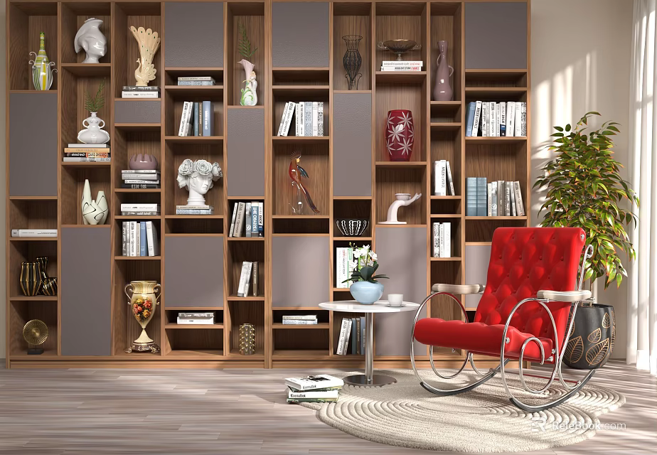 Stylish Sofa Coffee Table Set With Wooden Bookshelves And Red Rocking Chair 3d model 