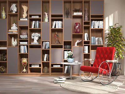 Stylish Sofa Coffee Table Set With Wooden Bookshelves And Red Rocking Chair 3d model