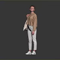 Woman Wearing Brown Top Beige Pants White Sneakers Carrying Beige Bag
