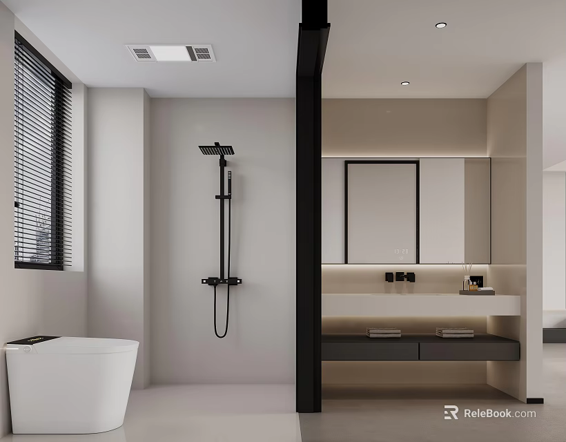 Modern Open Concept Bathroom Interior With Bathtub Shower Vanity And Mirror 3d model 