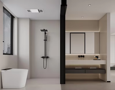 Modern Open Concept Bathroom Interior With Bathtub Shower Vanity And Mirror 3d model