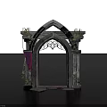 Gothic Event Entrance with Stone Arch Iron Decoration Vines and Red Drapery Details