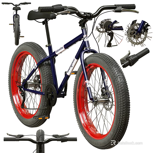 Modern Stylish Blue Bicycle With Red Rims Fat Tires And Sturdy Frame 3d model 
