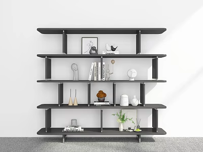 Stylish Black Multi Tiered Bookshelf With Books Decorative Items And Plants 3d model