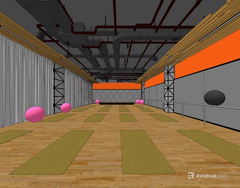 Fitness Studio Interior With Wooden Floor Green Yoga Mats And Pink Black Exercise Balls 3d model 