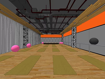 Fitness Studio Interior With Wooden Floor Green Yoga Mats And Pink Black Exercise Balls 3d model