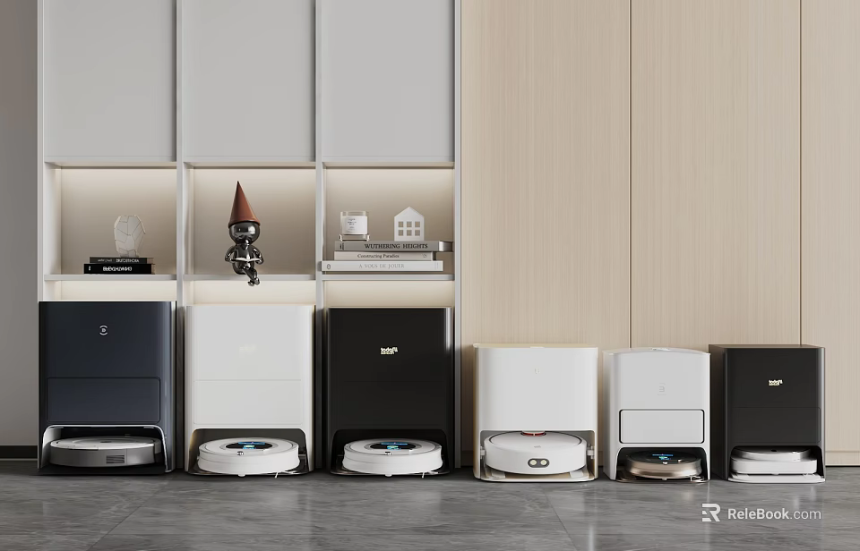 Modern Home Interior With Daily Use Robotic Vacuum Cleaners Various Colors And Designs 3d model 
