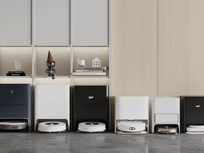 Modern Home Interior With Daily Use Robotic Vacuum Cleaners Various Colors And Designs 3d model