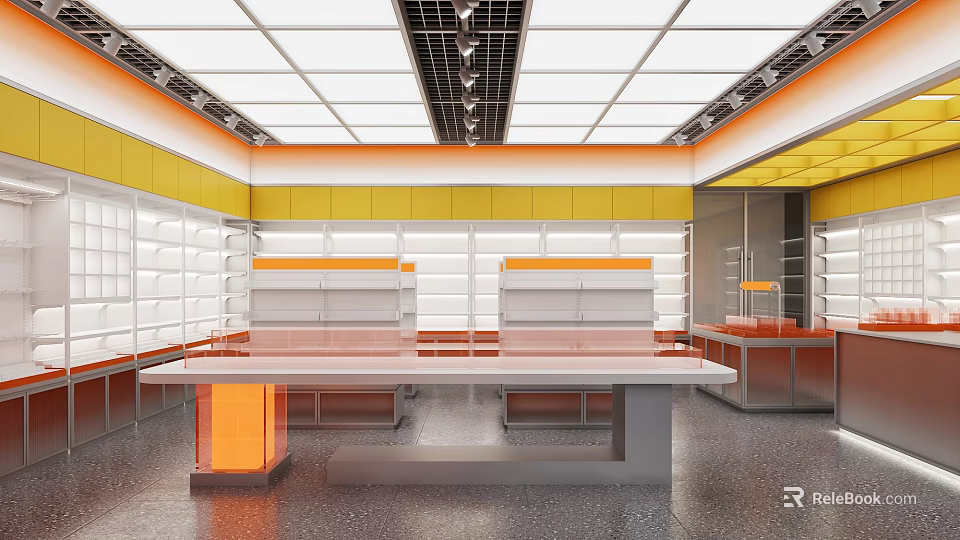 Modern Specialty Store Interior With Yellow Shelves Glass Counters And Orange Lighting 3d model 