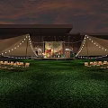 Outdoor Festival Stage Design With String Lights Decorative Panels And Lawn Under Sunset Sky