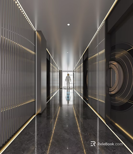Modern Corridor Interior Design With Linear Lighting Reflective Floor Striped Panels And A Person Standing 3d model 