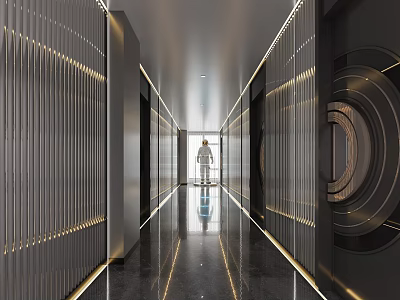Modern Corridor Interior Design With Linear Lighting Reflective Floor Striped Panels And A Person Standing 3d model