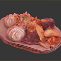 Vibrant Assorted Food Plate With Steamed Buns Purple Orange Chips And Fresh Salad