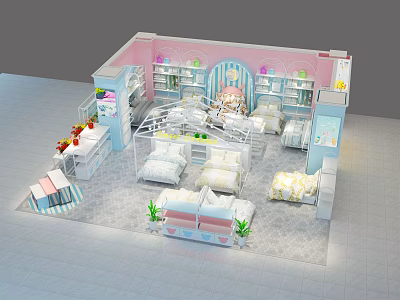Children's Bedroom Furniture Specialty Store With Pink White Decor And Display Shelves 3d model