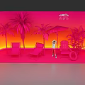 Vibrant Pink Scenic Setup With Palm Trees Deck Chairs And Person Standing