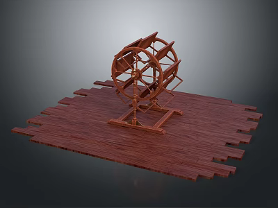 Detailed Wooden Waterwheel Model On Wooden Platform With Support Structure 3d model