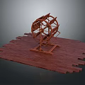 Detailed Wooden Waterwheel Model On Wooden Platform With Support Structure
