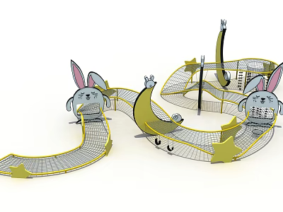 Colorful Playground Equipment Featuring Rabbit Ears Net Climbing Structure Moon Shaped Track And Yellow Stars 3d model