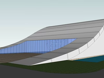 Modern Architectural Building Exterior With Sloped Roof Large Glass Facade Wooden Area And Green Lawn 3d model