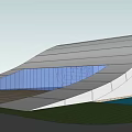 Modern Architectural Building Exterior With Sloped Roof Large Glass Facade Wooden Area And Green Lawn