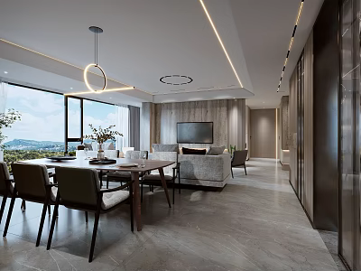 Modern Living and Dining Room Interior With Dining Table Sofa Chandelier And Large Windows 3d model