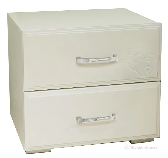 Cream White Bedside Cabinet With Two Drawers Silver Handles And Decorative Patterns 3d model 