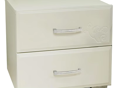 Cream White Bedside Cabinet With Two Drawers Silver Handles And Decorative Patterns 3d model