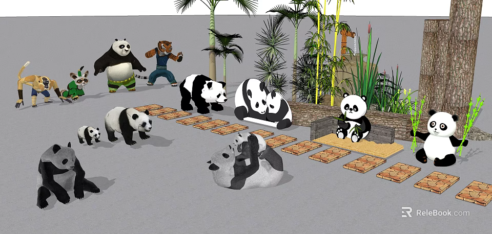 Reptiles In Different Poses Playing And Resting Around Plants On Wooden Pathway 3d model 