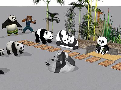 Reptiles In Different Poses Playing And Resting Around Plants On Wooden Pathway 3d model