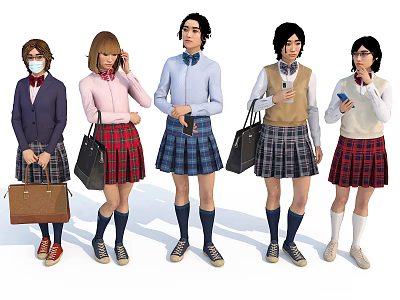 Group of Students in School Uniforms with Plaid Skirts Blouses Sweater Vests and Backpacks 3d model