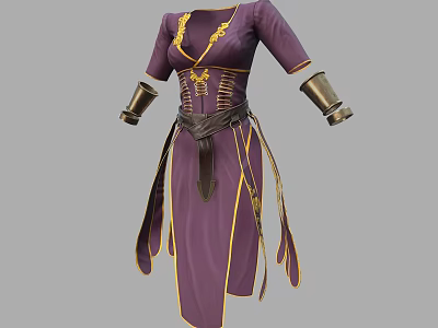 Traditional Purple Dress With Gold Accents Belt Short Sleeves And Wrist Guards 3d model