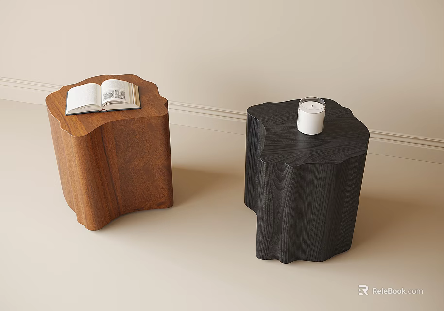 Brown And Black Wooden Tree Stump Stools With Open Book And White Candle 3d model 