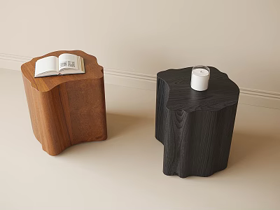 Brown And Black Wooden Tree Stump Stools With Open Book And White Candle 3d model