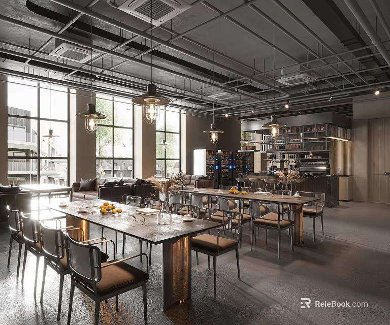 Modern Industrial Restaurant Interior With Open Layout Large Windows Metal Tables Chairs And Wine Rack 3d model 