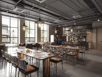 Modern Industrial Restaurant Interior With Open Layout Large Windows Metal Tables Chairs And Wine Rack 3d model