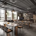 Modern Industrial Restaurant Interior With Open Layout Large Windows Metal Tables Chairs And Wine Rack