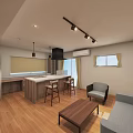 Modern Apartment Open Kitchen With Wooden Cabinets Island Counter And Pendant Lights