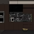 Modern Kitchen Sideboard Featuring Taupe Cabinets Black Marble Backsplash Built-in Appliances and LED Lighting