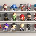 Cute Superhero Dolls Displayed on Shelves with Various Character Designs 3d model