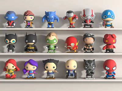 Cute Superhero Dolls Displayed on Shelves with Various Character Designs 3d model